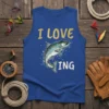 Blue tank top with "I Love Fishing" text and a detailed illustration of a leaping salmon fish