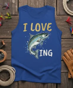Blue tank top with "I Love Fishing" text and a detailed illustration of a leaping salmon fish