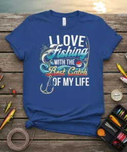 I LOVE FISHING WITH THE BEST CATCH OF MY LIFE quote on a blue t-shirt with fishing graphics and a