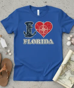 Blue I Love Florida t-shirt with navy anchor, red heart compass, and distressed "FLORIDA" text