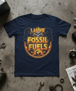 I Love Fossil Fuels t-shirt with a skull graphic, flames, and smoke, set against a circular vintage badge with the