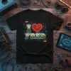 I Love Fred T-Shirt with a red neon heart and gold text "FRED" on a black tee