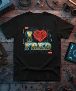 I Love Fred T-Shirt with a red neon heart and gold text "FRED" on a black tee