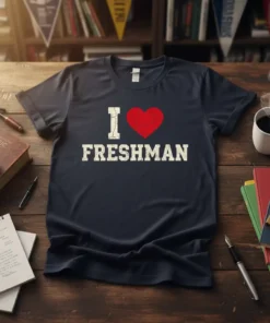 I Love Freshman t-shirt with a distressed red heart symbol and bold white text