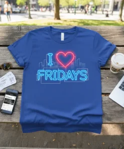 I Love Fridays neon sign design with city skyline on a blue t-shirt
