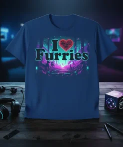 I Love Furries T-Shirt with a stylized red heart and neon cityscape background graphic
