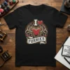 "I Love Furries" text with a vintage heart and ornate design on a black t-shirt