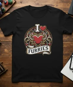 "I Love Furries" text with a vintage heart and ornate design on a black t-shirt