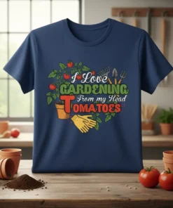 I Love Gardening From my Head Tomatoes quote on a navy blue t-shirt with tomato plant graphics and gardening tools
