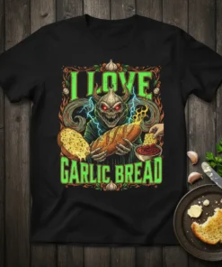 I Love Garlic Bread T-Shirt featuring a demonic figure holding garlic bread and a bowl of sauce. Bold green typography