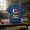 I Love Gaston t-shirt design with a red heart and a detailed V-twin motorcycle engine graphic