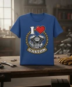 I Love Gaston t-shirt design with a red heart and a detailed V-twin motorcycle engine graphic