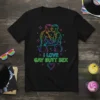 I Love Gay Butt Sex T-Shirt with rainbow outline of two men kissing, stars, and heart graphic
