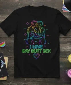 I Love Gay Butt Sex T-Shirt with rainbow outline of two men kissing, stars, and heart graphic