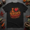 I LOVE GHOST PEPPERS T-Shirt design with bold orange and red typography and a flaming heart graphic
