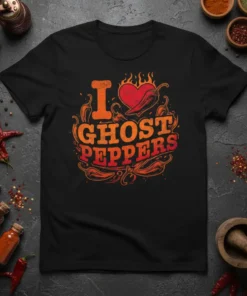 I LOVE GHOST PEPPERS T-Shirt design with bold orange and red typography and a flaming heart graphic