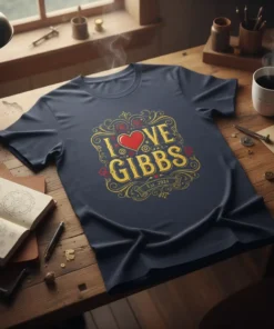 "I LOVE GIBBS Est. 2024" text with a red heart and ornate golden border on a navy blue t-shirt design