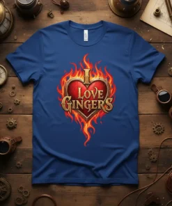 I Love Gingers text design inside a flaming red heart graphic on a blue t-shirt