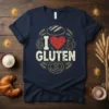Navy t-shirt with distressed "I Love Gluten" text and graphics of bread, pretzels, and a beer mug