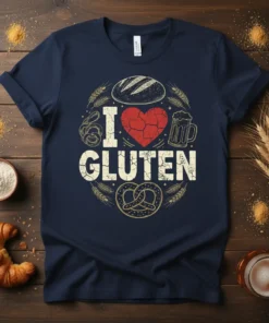 Navy t-shirt with distressed "I Love Gluten" text and graphics of bread, pretzels, and a beer mug