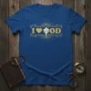 Blue t-shirt with gold glitter text "I Love God" featuring a heart and cross graphic