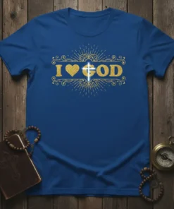 Blue t-shirt with gold glitter text "I Love God" featuring a heart and cross graphic