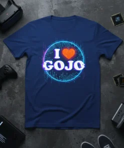 I Love Gojo anime t-shirt with orange heart and circuit design