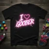 Black t-shirt with "I Love Goober" in pink neon font, featuring a heart symbol and white spray paint splatters