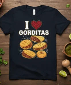 T-shirt with text "I Love Gorditas" and illustrations of various gorditas, featuring a red decorative heart