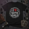 Black t-shirt with white text "I Love Goth Girls" inside a circular design with dragon wings and roses, featuring a