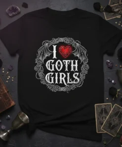 Black t-shirt with white text "I Love Goth Girls" inside a circular design with dragon wings and roses, featuring a