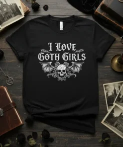 I Love Goth Girls t-shirt with skull, bat wings, and roses graphic in white distressed font