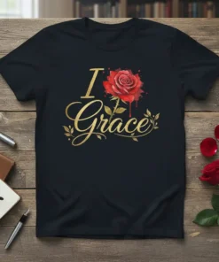 Black t-shirt with "I Love Grace" text and a red watercolor rose graphic, featuring gold script and decorative leaves