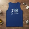 I Love Greece T-Shirt with a distressed Greek flag heart graphic and text