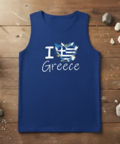 I Love Greece T-Shirt with a distressed Greek flag heart graphic and text