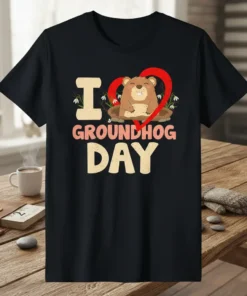 I Love Groundhog Day t-shirt with a cute cartoon groundhog inside a red heart graphic