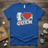 Retro I Love Guam t-shirt design with a distressed red heart and tropical island graphic