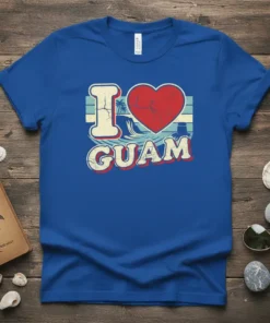 Retro I Love Guam t-shirt design with a distressed red heart and tropical island graphic