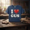 Navy blue t-shirt with "I Love Gus" design, featuring a large red heart and distressed white text