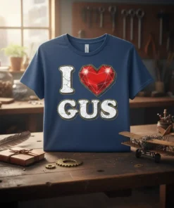 Navy blue t-shirt with "I Love Gus" design, featuring a large red heart and distressed white text