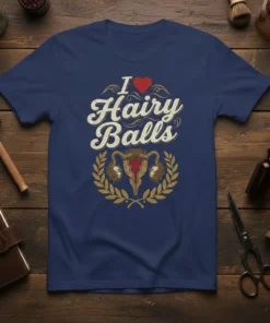 Navy blue t-shirt with "I Love Hairy Balls" text and a graphic of a uterus surrounded by laurel leaves
