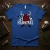 I Love Hannibal t-shirt design with a realistic heart graphic, antlers, crossed cutlery, and feathers