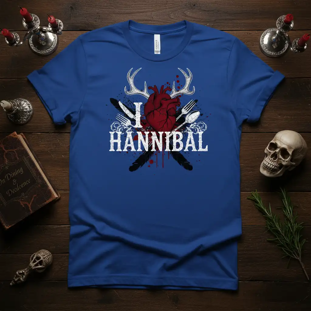I Love Hannibal graphic tee featuring a realistic heart, antlers, crossed fork and knife, and feathers