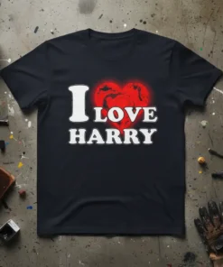 Black t-shirt with a distressed red heart and white text reading "I LOVE HARRY"