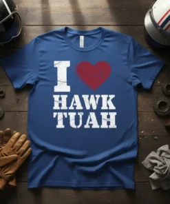 I Love Hawk Tuah t-shirt in blue with white text and a red heart graphic, featuring the phrase "I Love