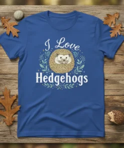 I Love Hedgehogs t-shirt design featuring a cute hedgehog illustration surrounded by foliage