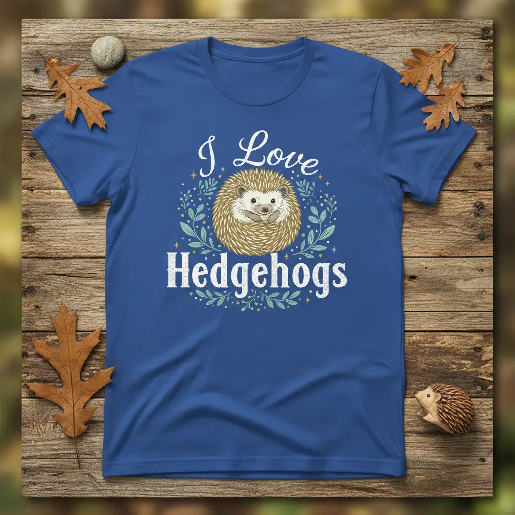 I Love Hedgehogs text with cute hedgehog illustration on blue t-shirt