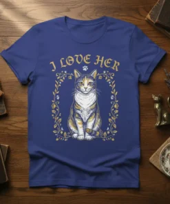 I LOVE HER cat quote with a calico cat illustration in a floral frame, on a blue t-shirt