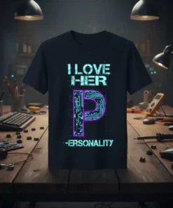 I LOVE HER PERSONALITY text with circuit board 'P' graphic on a black t-shirt design