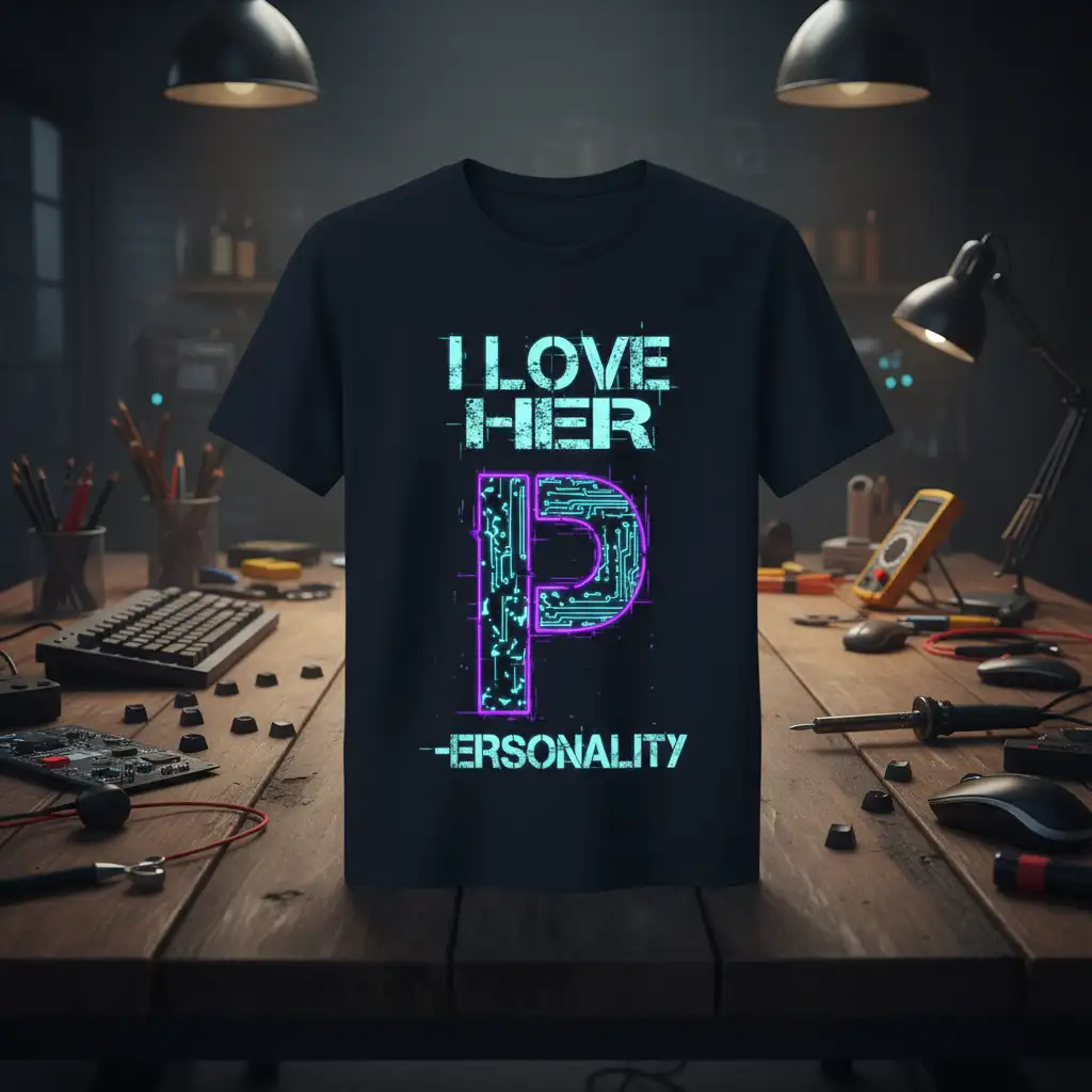I LOVE HER PERSONALITY quote with circuit board P graphic on a black t-shirt